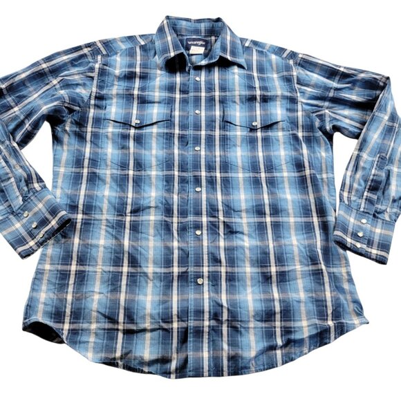 Wrangler Shirt Mens Large Blue Long Sleeve Pearl Snap Western Rodeo Cowboy - Picture 1 of 7